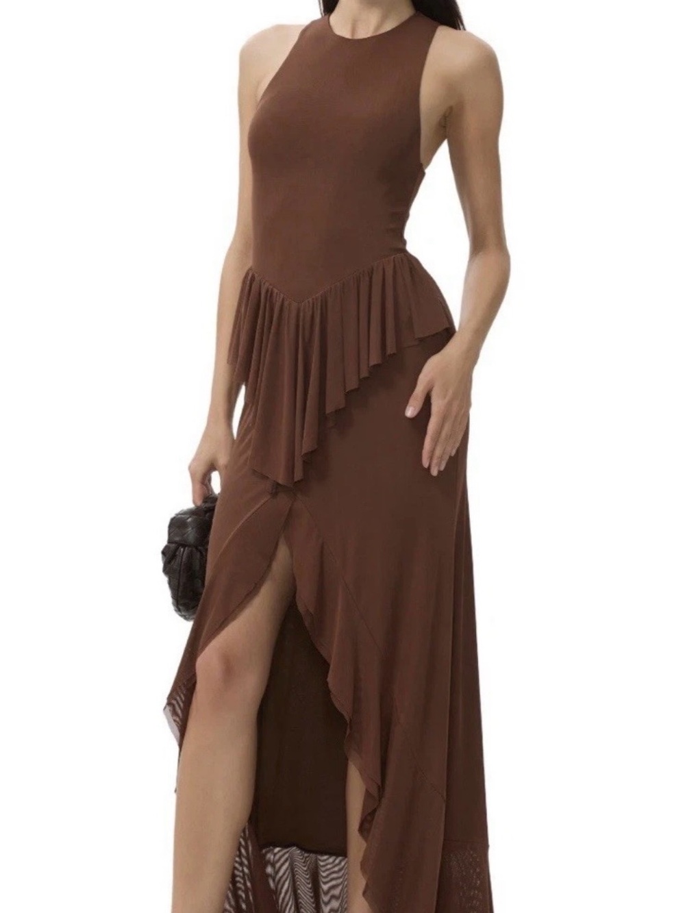 AFRM Bovina Dress Cappuccino Brown Ruffle High Low Maxi Dress Size S
